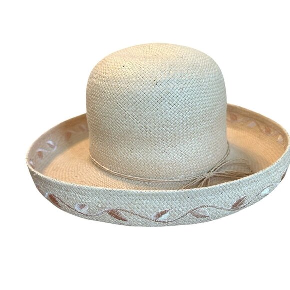Vintage Women’s Natural Straw Sun Hat Wide Brim Embroidered Trim 100% Paper OSFM - Picture 4 of 7